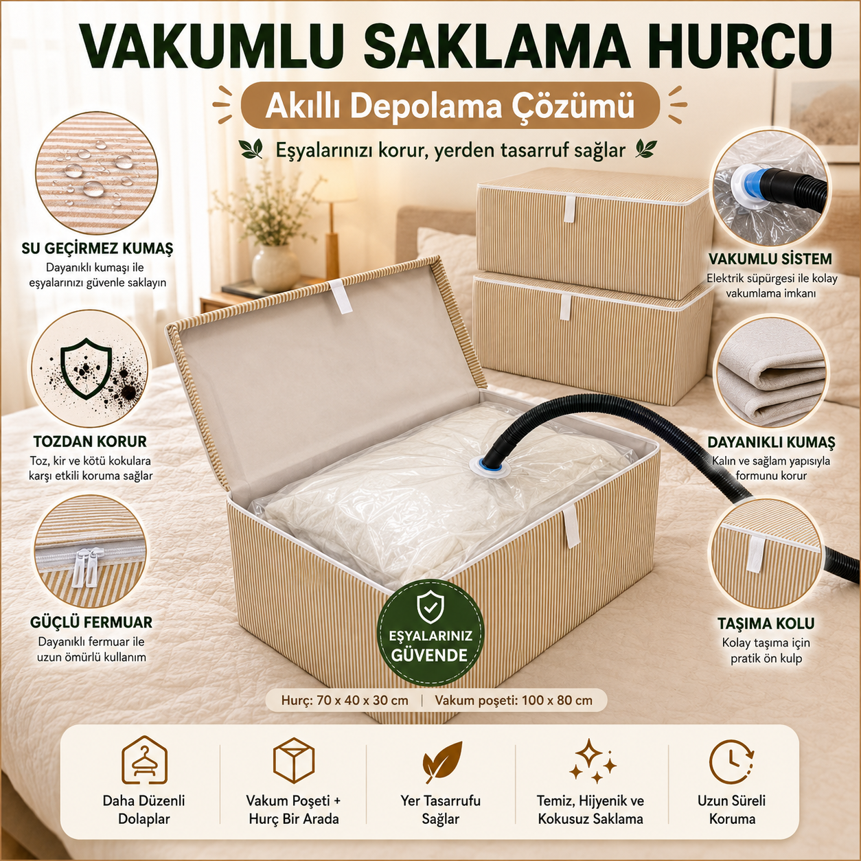 Ferahome Büyük Boy Vakumlu & Kapaklı Hurç 70x40x30