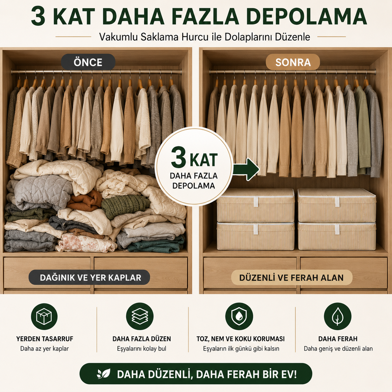 Ferahome Büyük Boy Vakumlu & Kapaklı Hurç 70x40x30