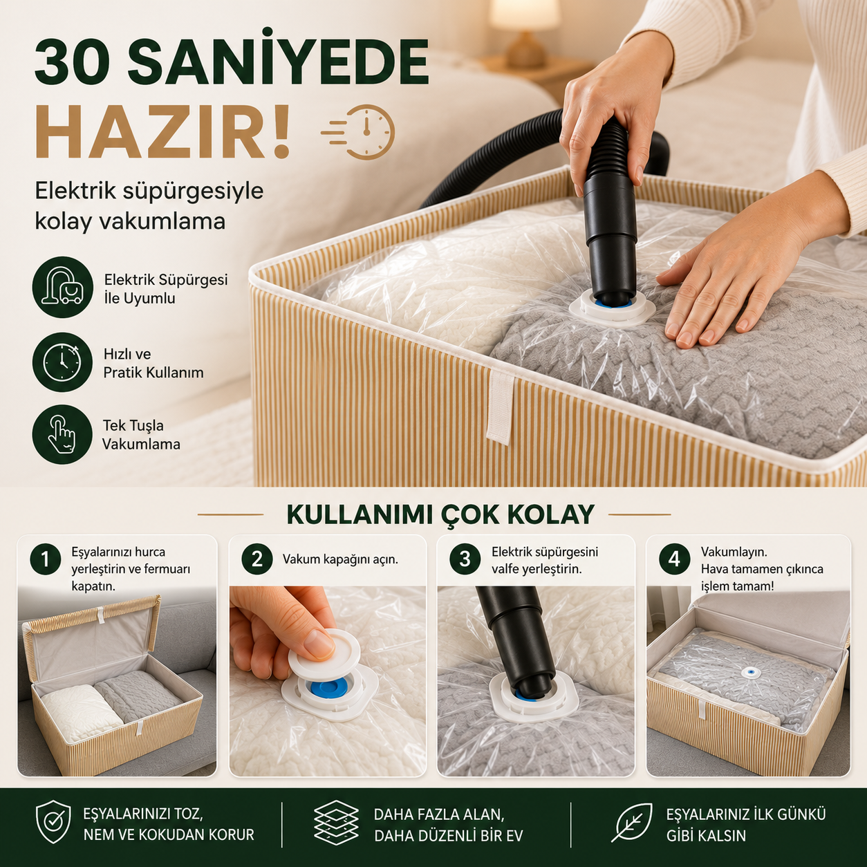 Ferahome Büyük Boy Vakumlu & Kapaklı Hurç 70x40x30