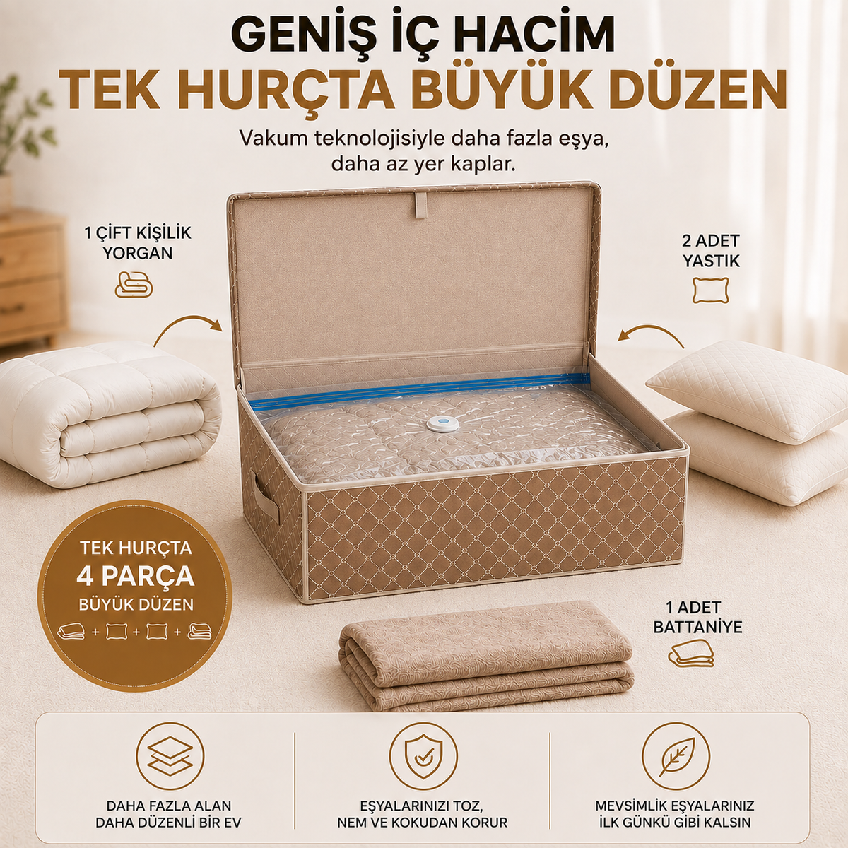 Büyük Boy Kutu Hurç + Vakumlu Torba 70x40x30