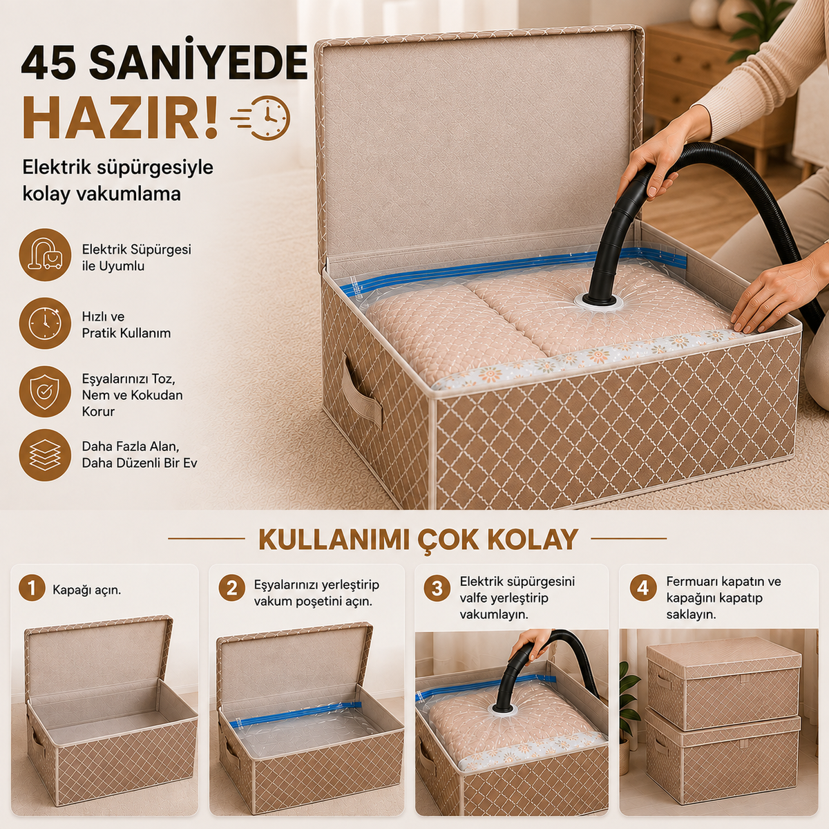 Büyük Boy Kutu Hurç + Vakumlu Torba 70x40x30